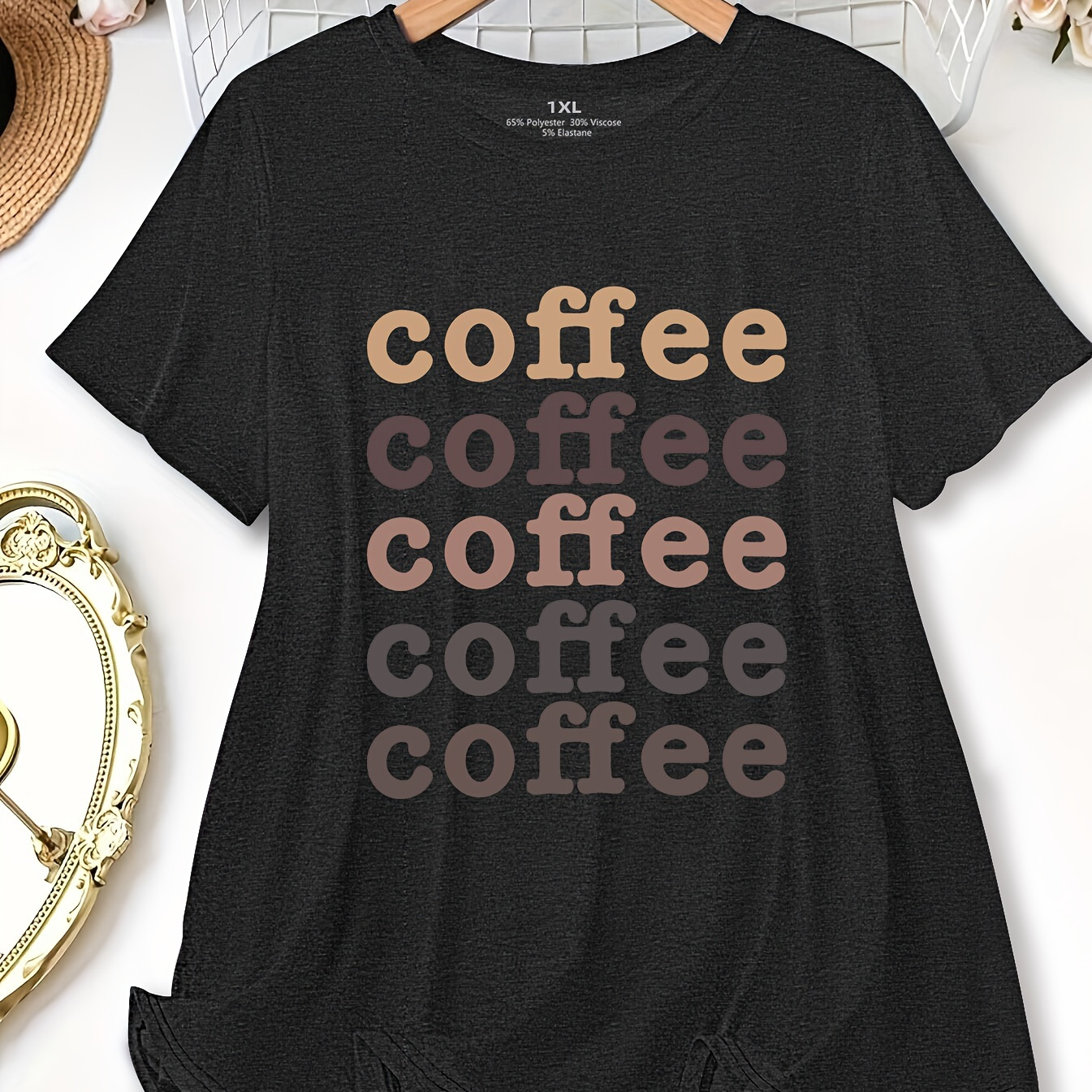 

Plus Size Coffee Print T-shirt, Casual Crew Neck Short Sleeve Top For Spring & Summer, Women's Plus Size Clothing