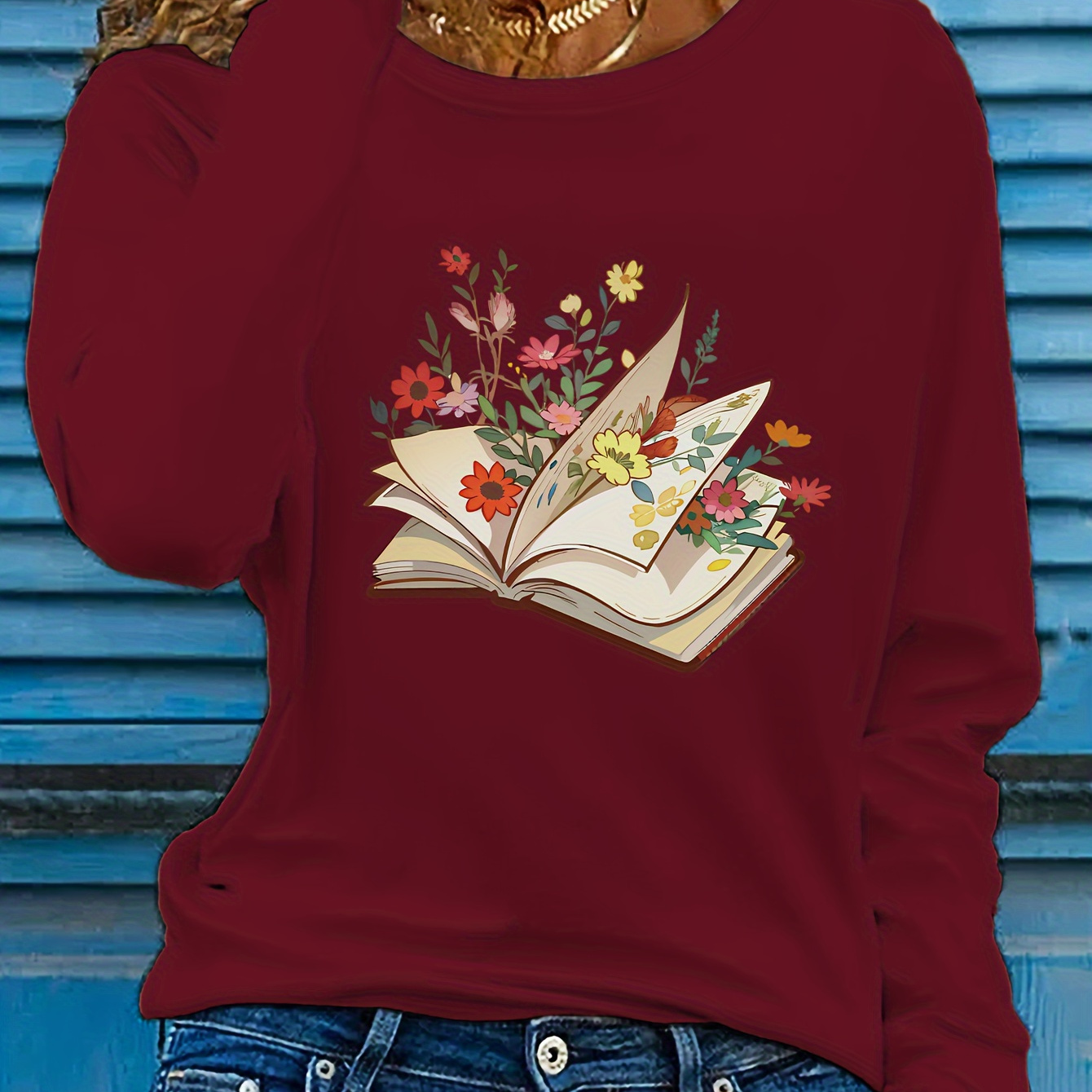 

Book & Floral Print T-shirt, Long Sleeve Crew Neck Casual Top For Spring & Fall, Women's Clothing