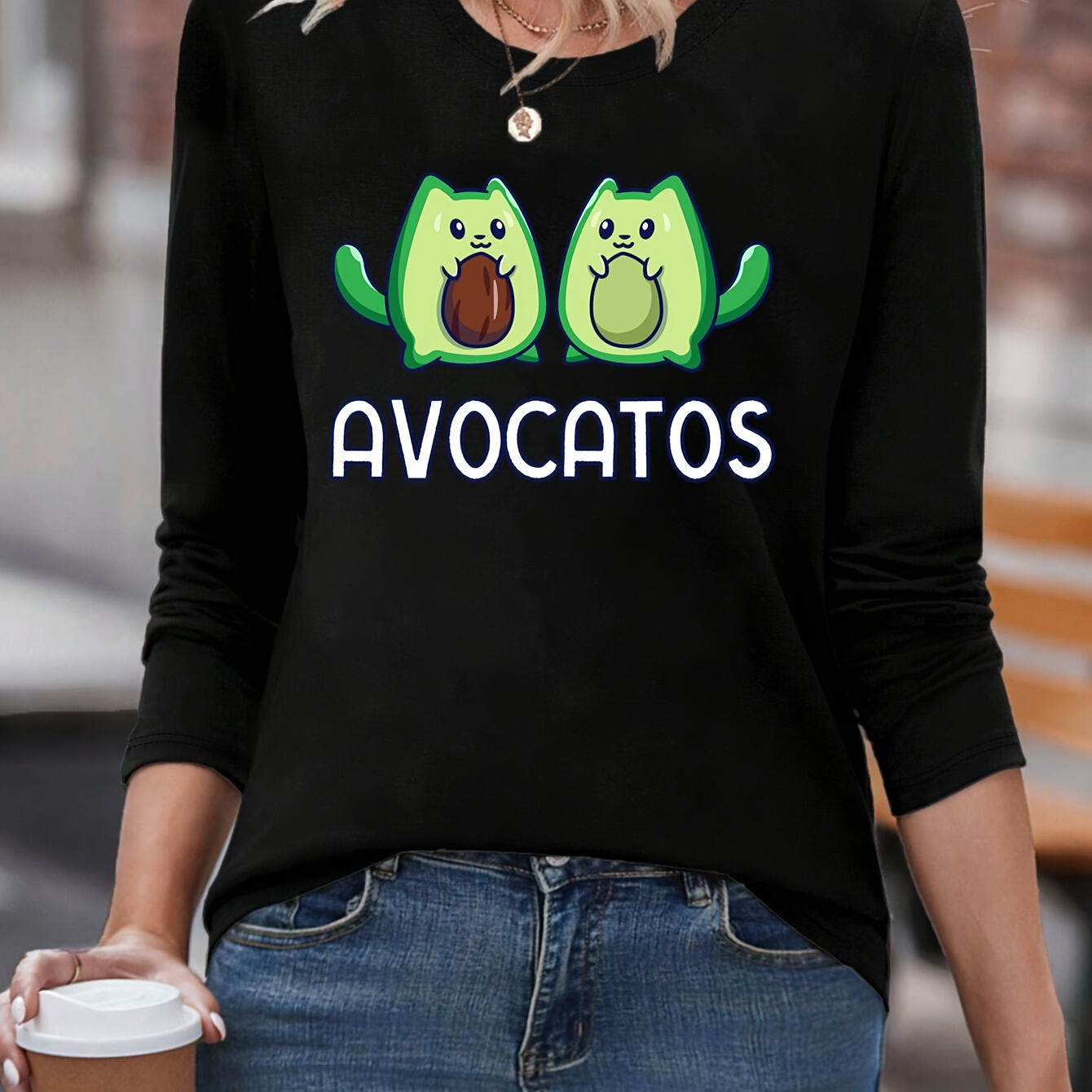 

Avocado Cat Print Long Sleeve T-shirt - Soft Cotton, Crew Neck Casual Top For Women, Perfect For Spring & Fall