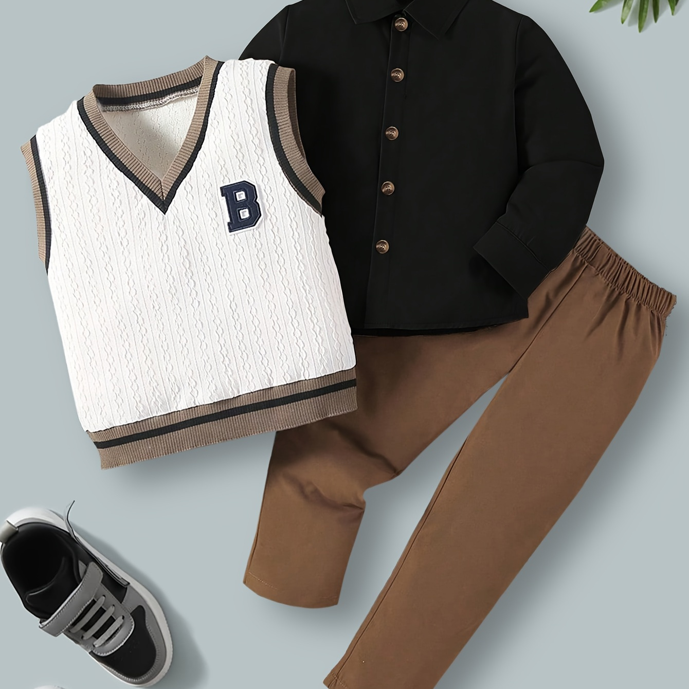 

Boy's 3-piece Outfit Set, Casual Spring/autumn Co Ord Set, Button Up Cardigan, Contrast Trim Ribbed Sweater Vest, And Loose-fitting Pants, Ideal For Daily & Outdoor Wear