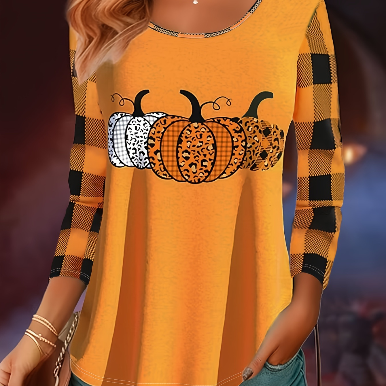 

Halloween Print Long Sleeve T-shirt, Casual Crew Neck Top For Spring & Fall, Women's Clothing