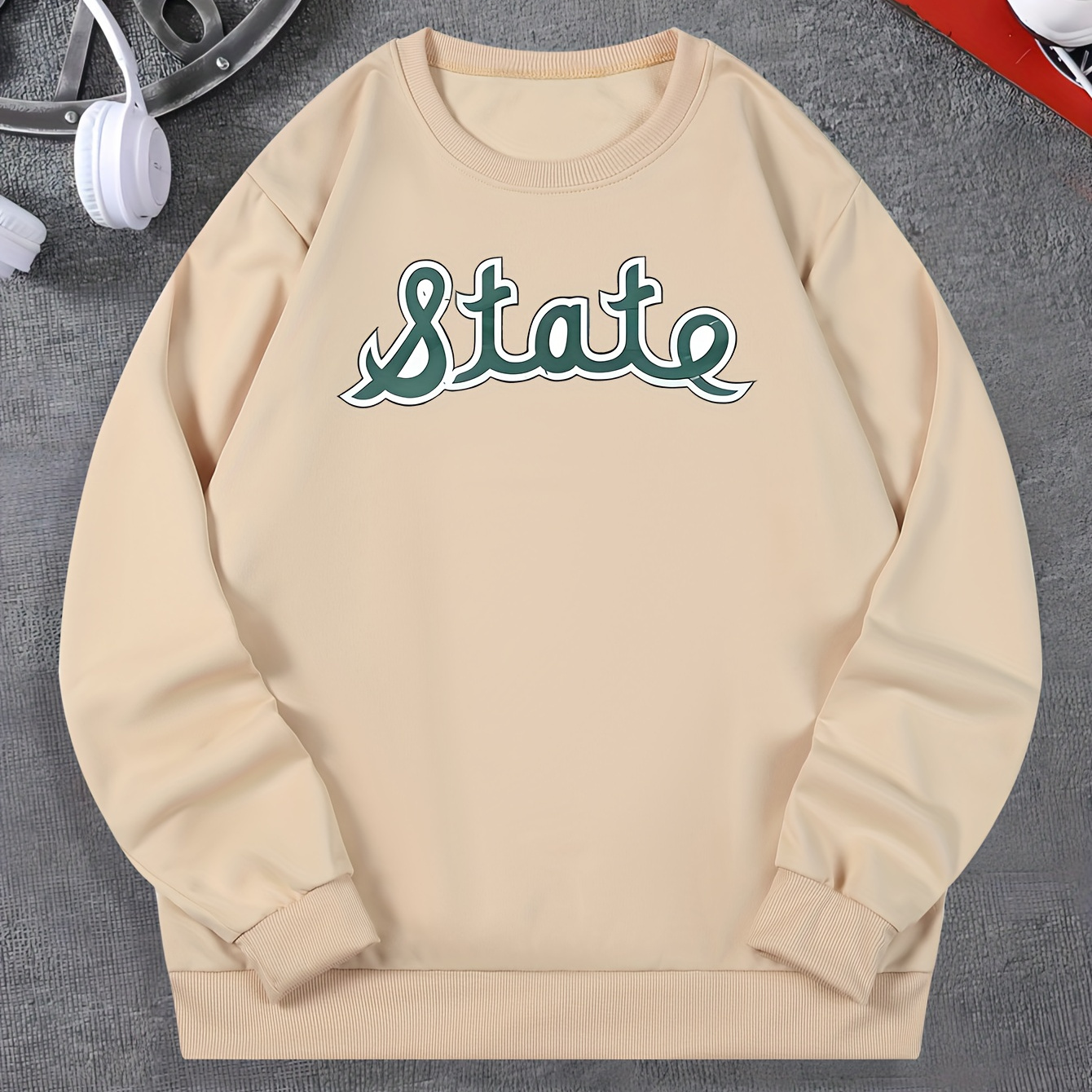 

State Print, Men's Trendy Sweatshirt, Casual Graphic Design Pullover With Crew Neck For Men For Fall And Winter