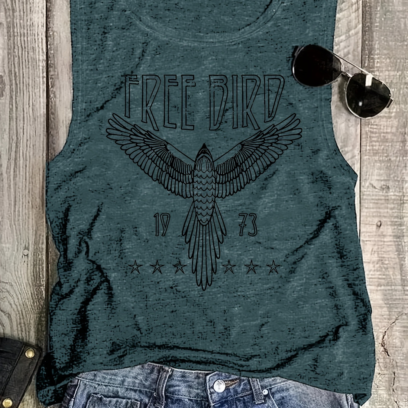 

Free Bird Print Crew Neck Tank Top, Sleeveless Casual Top For Summer & Spring, Women's Clothing