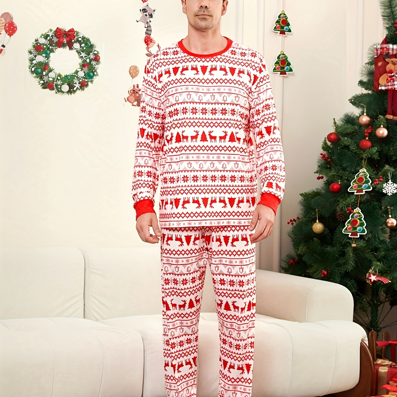 

2 Pcs Men's Christmas Deer Snowflake Print Round Neck Long Sleeve & Trousers Pajama Set, Comfortable & Skin-friendly Style Pajamas For Men's Cozy Loungewear