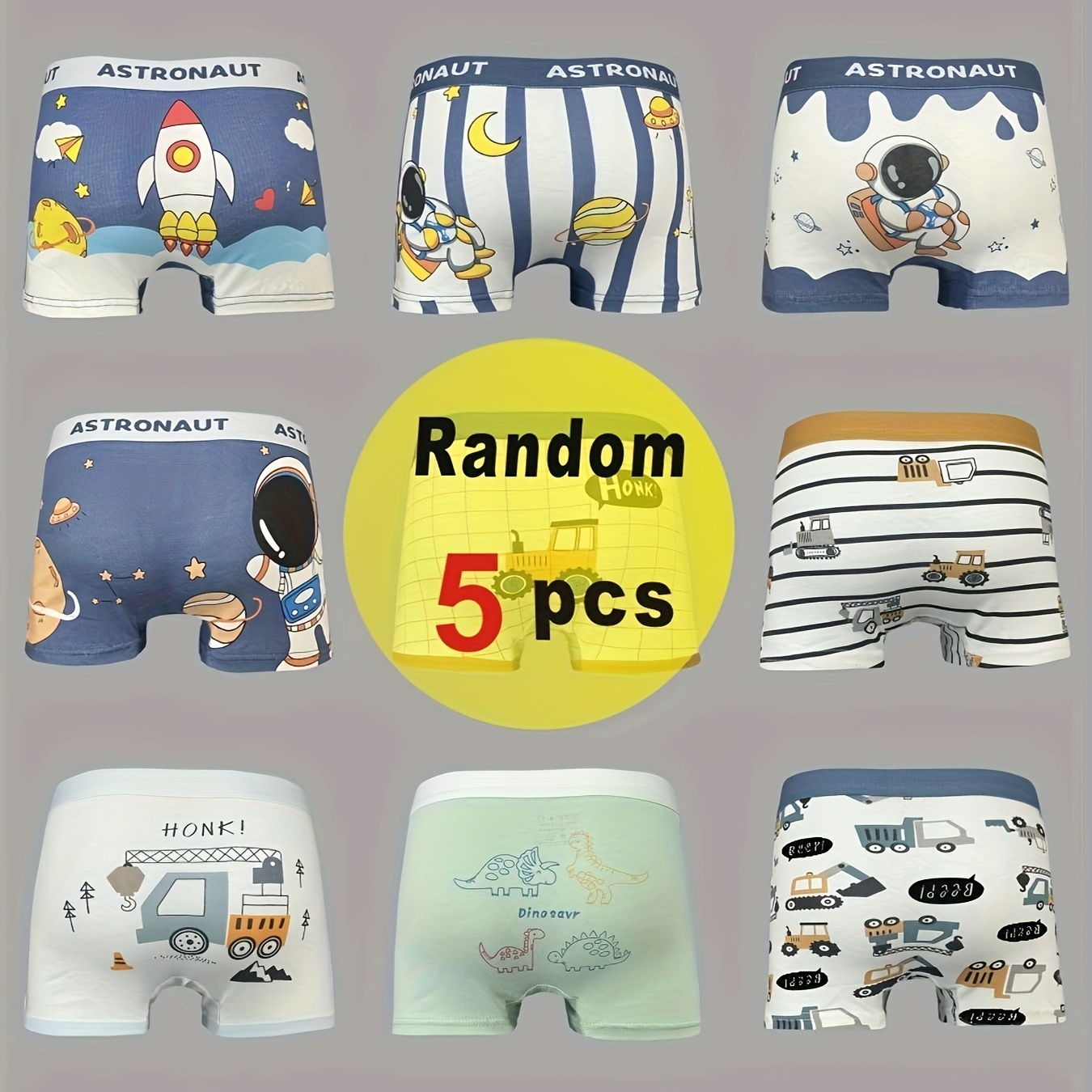 

Random 5pcs Children's Cotton Boxer Briefs Cartoon Digger Astronaut Print Bottoming Underwear Soft Comfy Breathable Kids Boys Shorts For All Seasons