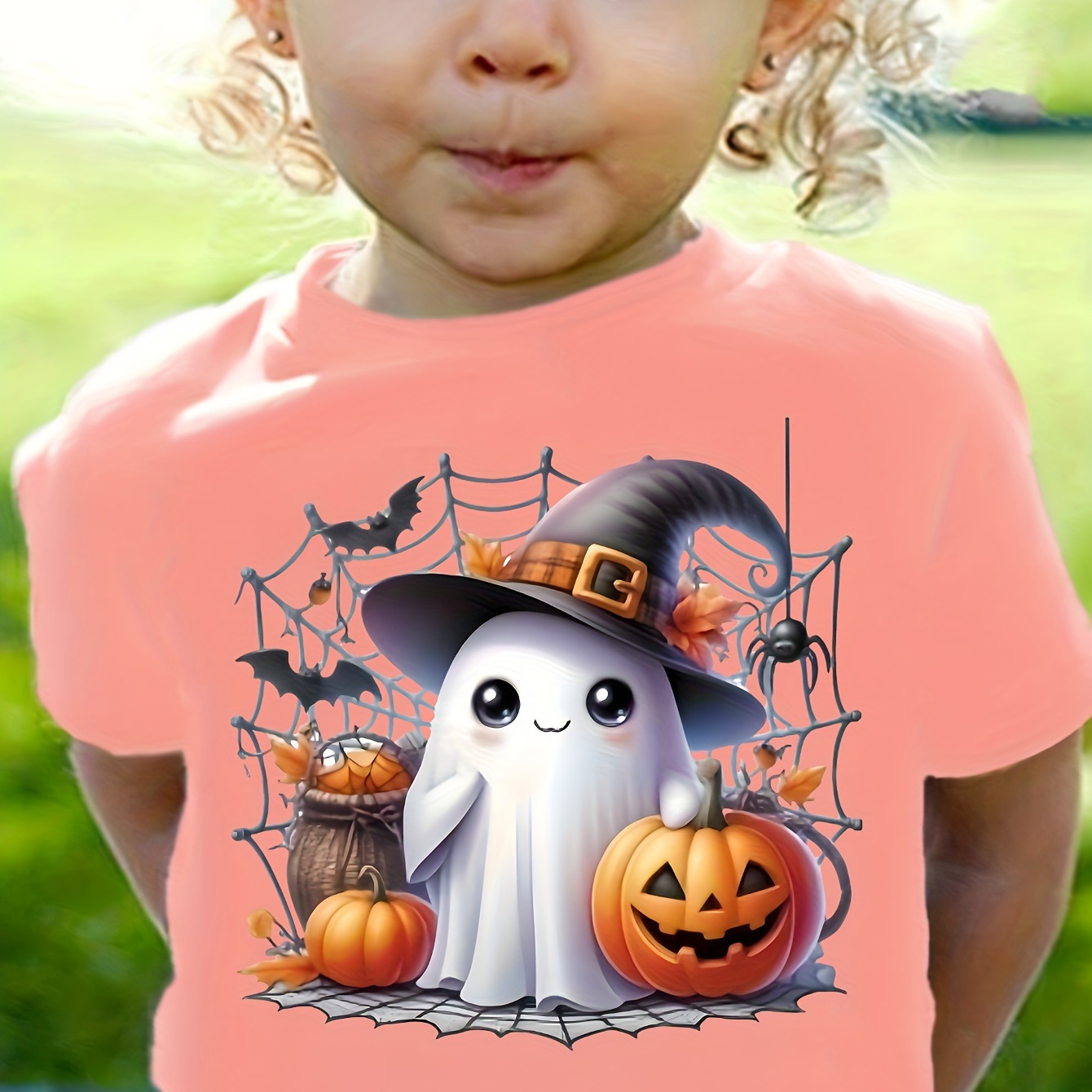 

Pumpkin Print Polycotton Crew Neck T-shirt For Kids - Casual Style, Alphabet Pattern, Short Sleeve, Regular Length, Knit Top For Summer, Ages 12 And Under