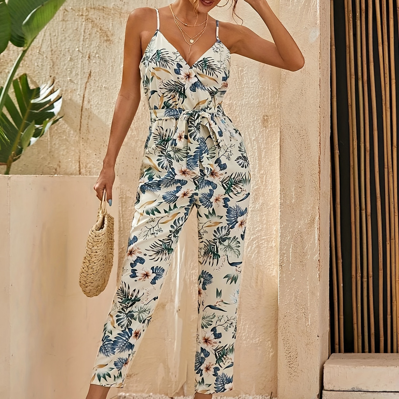 

Floral Print Spaghetti Strap Jumpsuit, Elegant Sleeveless Slim Fit Jumpsuit Or Vacation, Women's Clothing