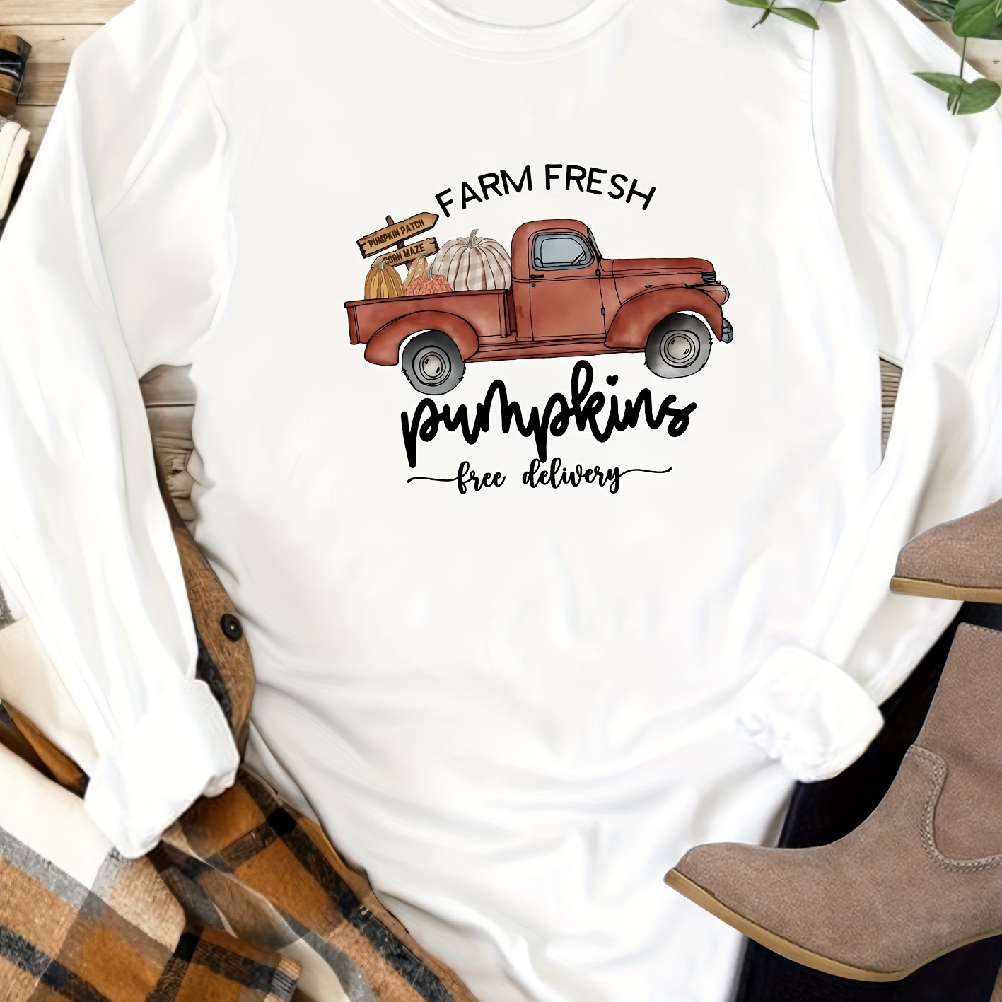 

Women's Long-sleeve T-shirt With Vintage Truck And Pumpkins Graphic, Round Neck, Casual Autumn Fashion Top, With Retro Lettering And Food Delivery Design