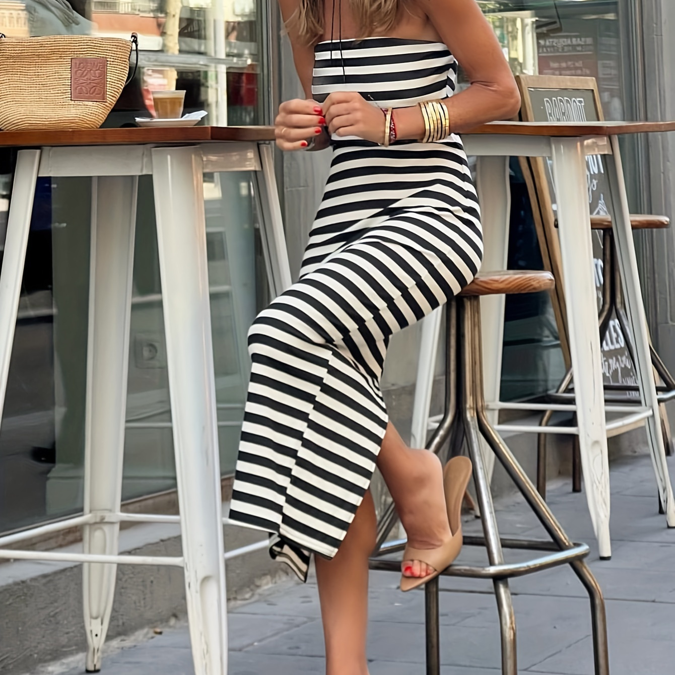 

Striped Print Strapless Tube Dress, Elegant Sleeveless Dress For Spring & Summer, Women's Clothing