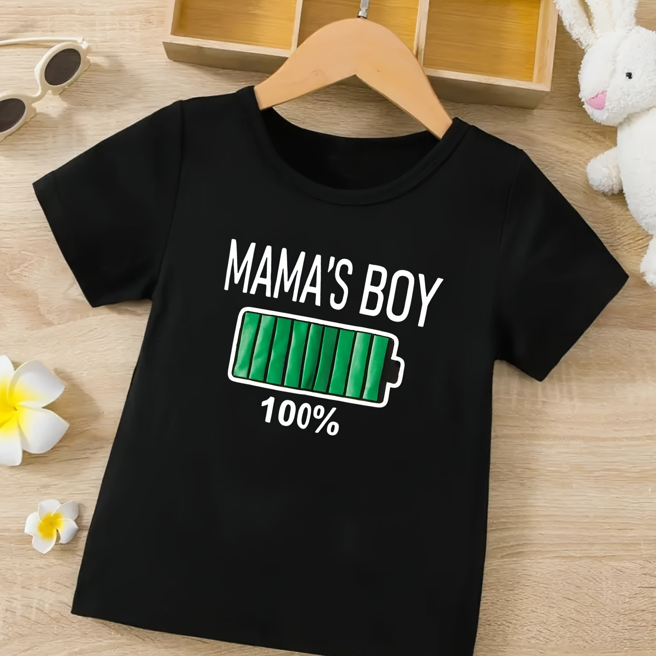 

Mama's Boy Creative Battery Print Boy's Creative T-shirt, Casual Short Sleeve Crew Neck Top, Boy's Summer Clothing