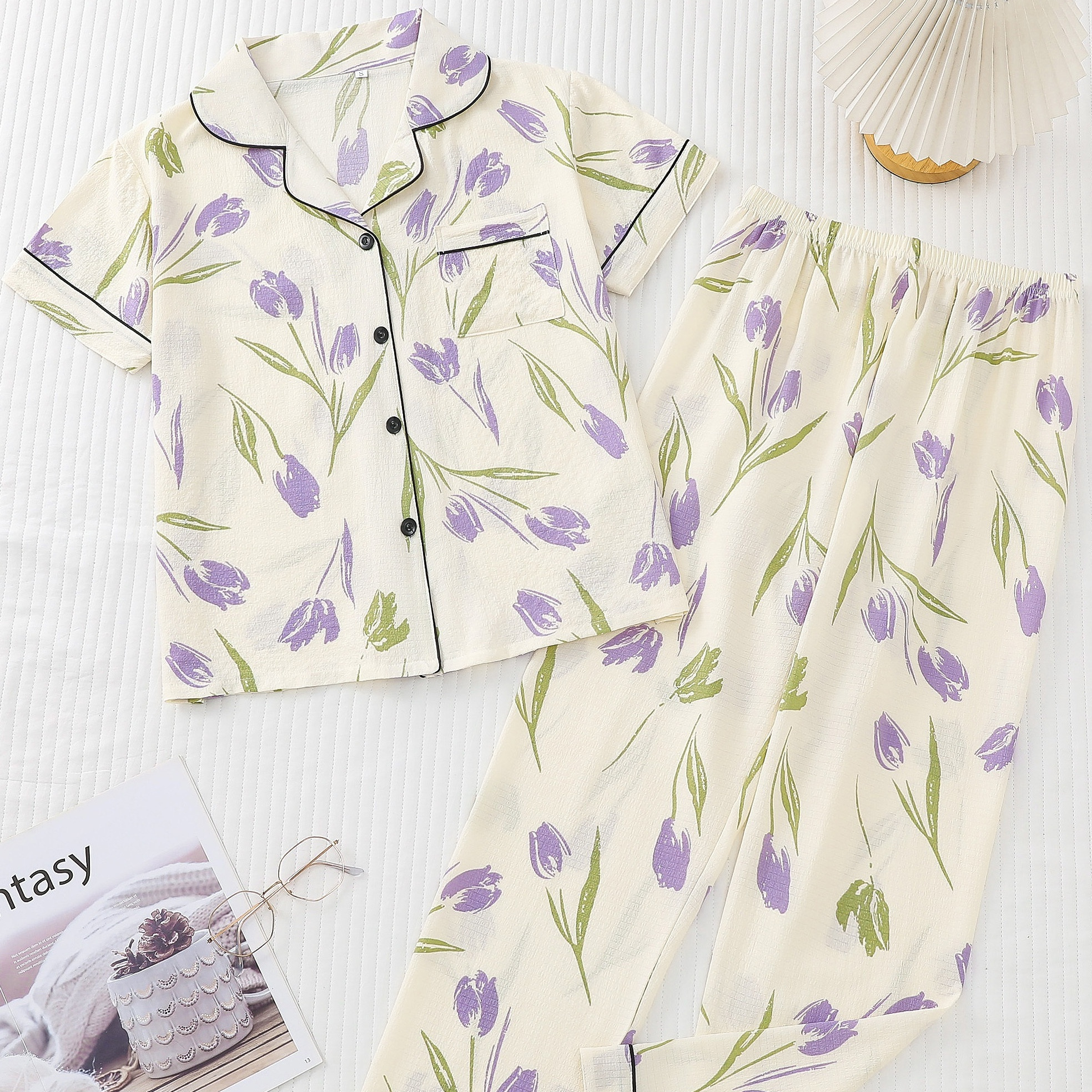 

Tulip Print Pajama Set, Elegant Short Sleeve Button Up Lapel Collar Top & Elastic Pants, Women's Sleepwear & Loungewear