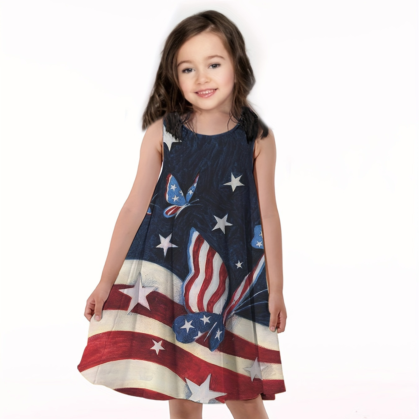 

Girls Fancy Flag Butterfly 3d Digital Print Sleeveless Dress, Sweet Fashion Loose Sundress Summer Clothing