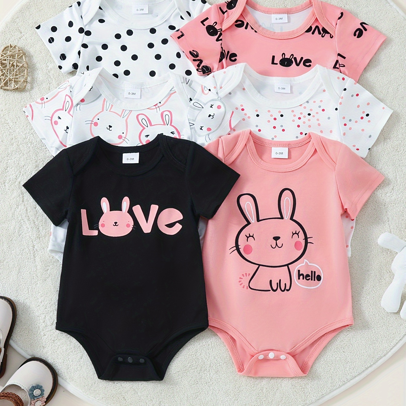 

6pcs Newborn Baby Girl Cotton Different Colors Cute Bunny Letter Print Casual Short-sleeved One-piece Romper Bodysuit Set