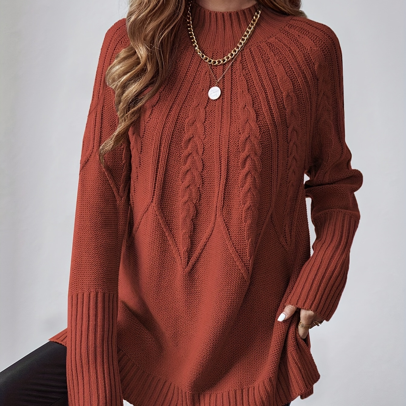 

Solid Color Mock Neck Sweater, Casual Long Sleeve Sweater For Fall & Winter, Women's Clothing