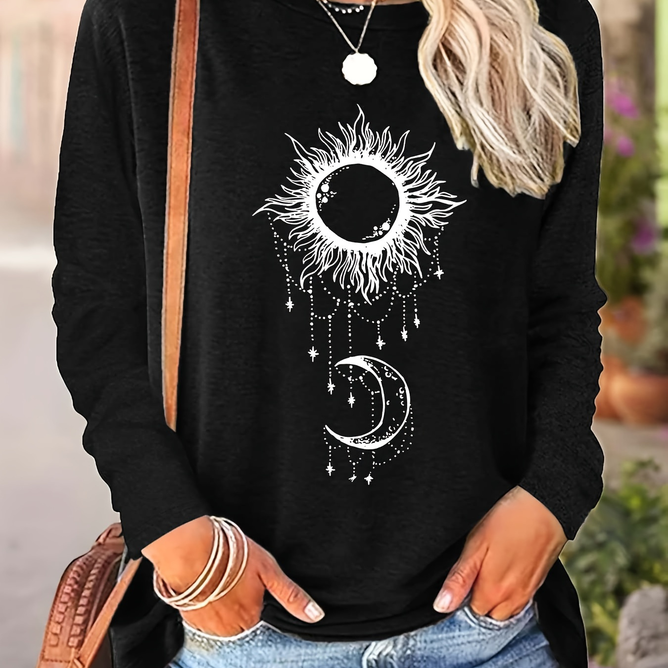 

Sun ＆ Moon Neck T-shirt, Casual Long Sleeve T-shirt For , Women's Clothing