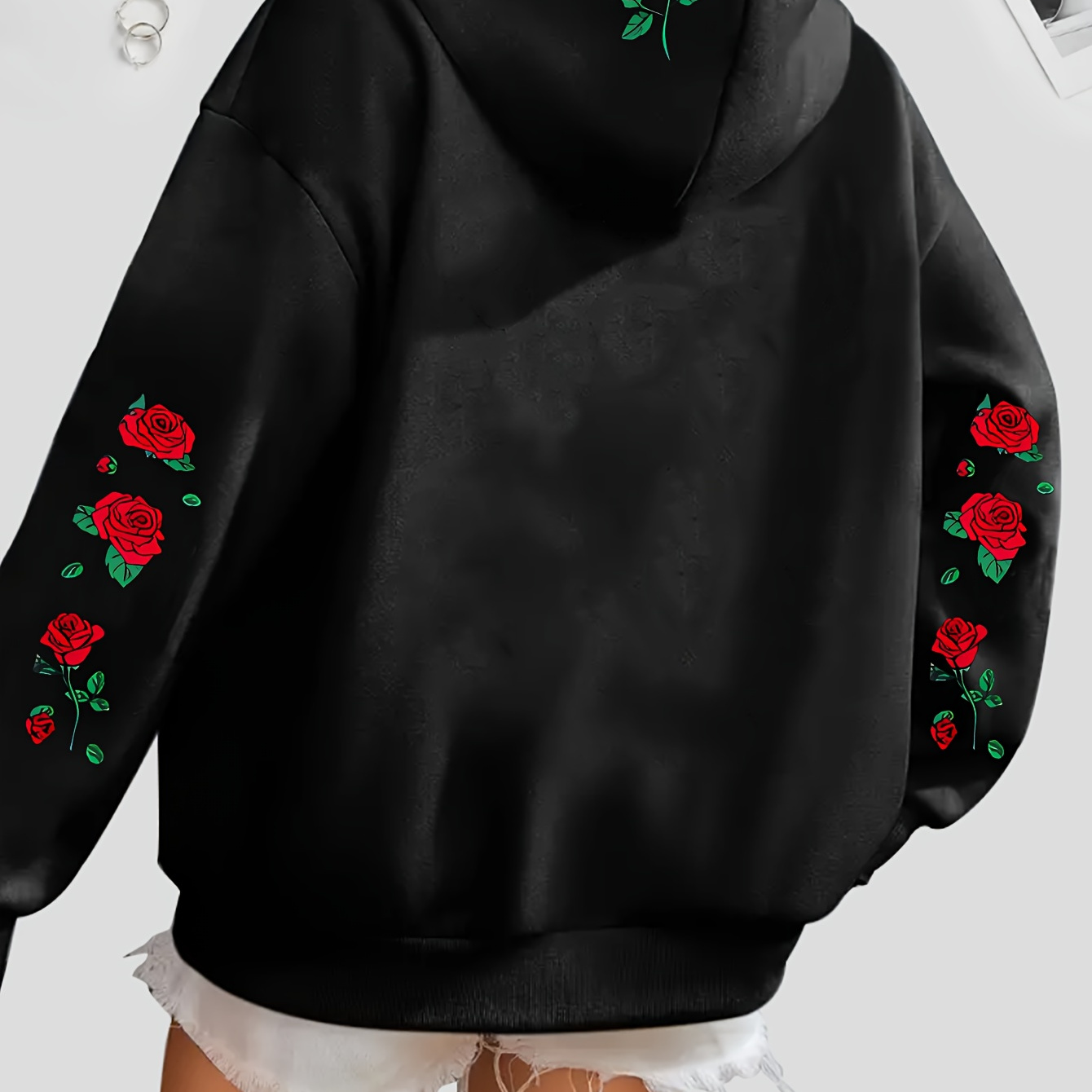 

Fall/winter Women's Hoodie With Rose Pattern And Comfortable Kangaroo Pockets - Relaxed Long Sleeve Sweatshirt