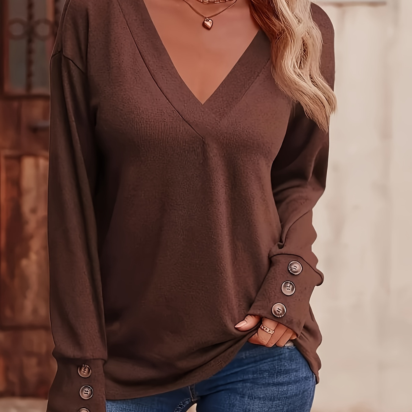 

Women's V-neck Long Sleeve T-shirt, Polyester , Solid Color, Regular Fit, With Button Detail, For Spring/fall