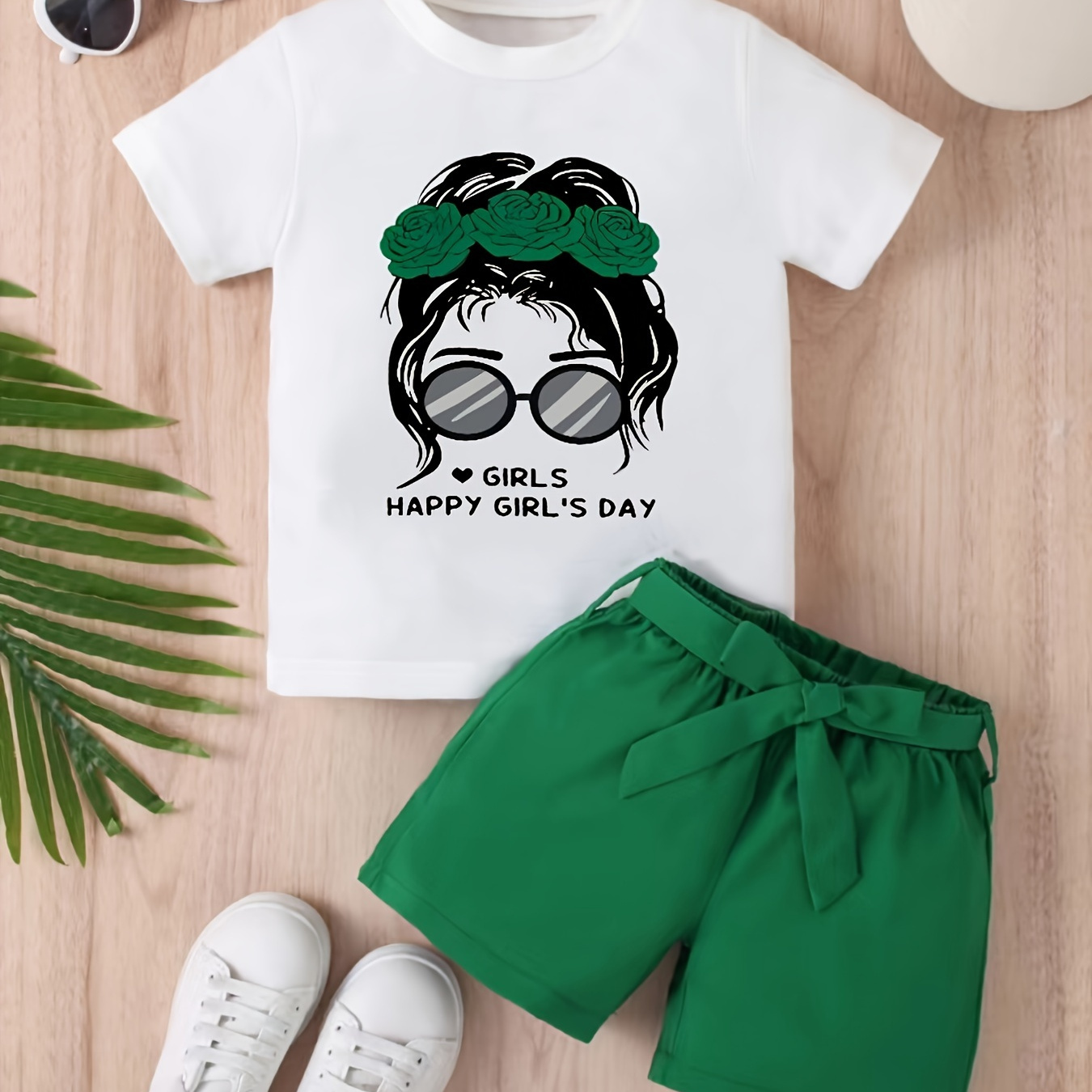 

'happy Girl's Day' Print Girls 2pcs Short Sleeve Top + Belted Shorts Set, Casual 2-piece Summer Outfit