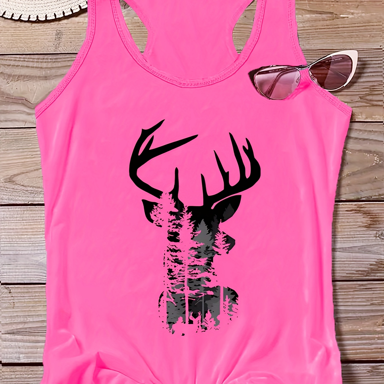 

Women's Christmas Deer Silhouette Tank Top - Sporty Round Neck, 100% Polyester, Machine Washable, Black Sleeveless Vest With Detail