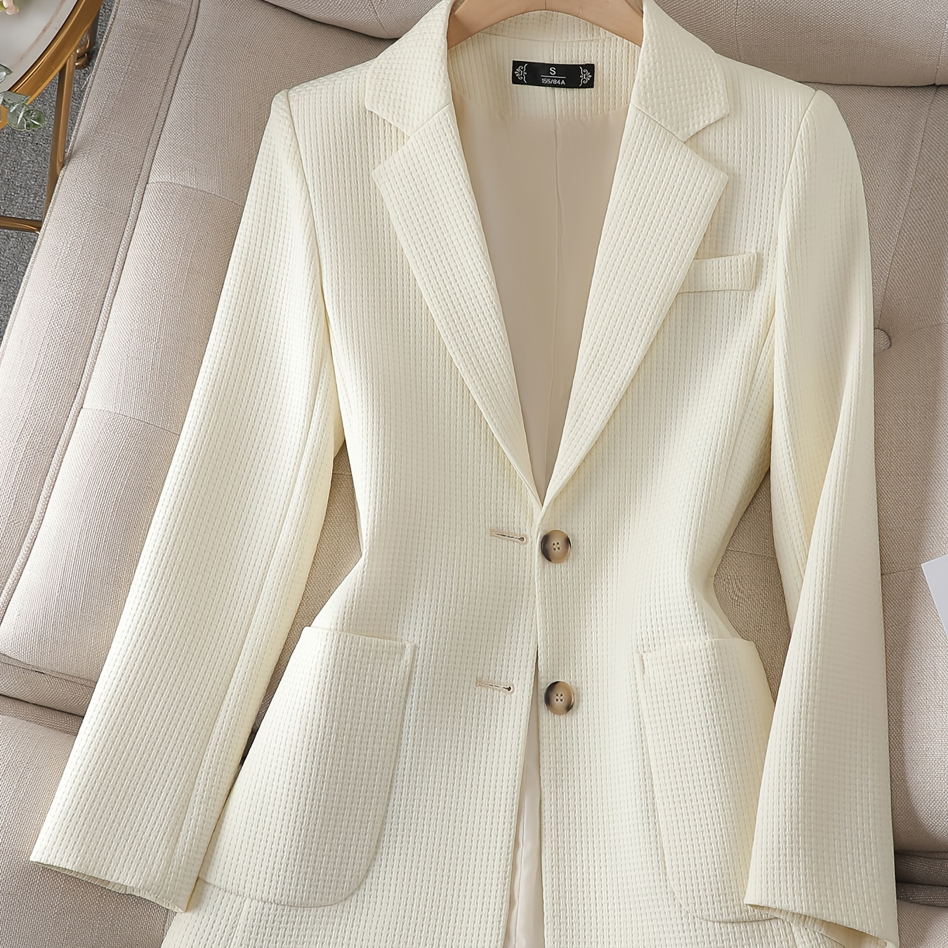 Solid Button Front Tunic Blazer, Elegant Lapel Long Notched Neck Sleeve Blazer For Office & Work, Women's Clothing