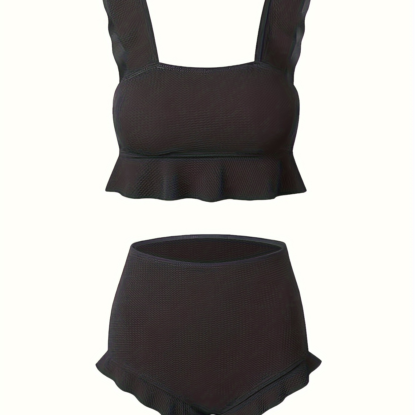 

Bikini Taille Haute Noir À Volants, Maillot De Bain 2 Pièces Extensible De Couleur Unie, Mignon Et Élégant, Maillots De Bain Et Vêtements Pour Femmes