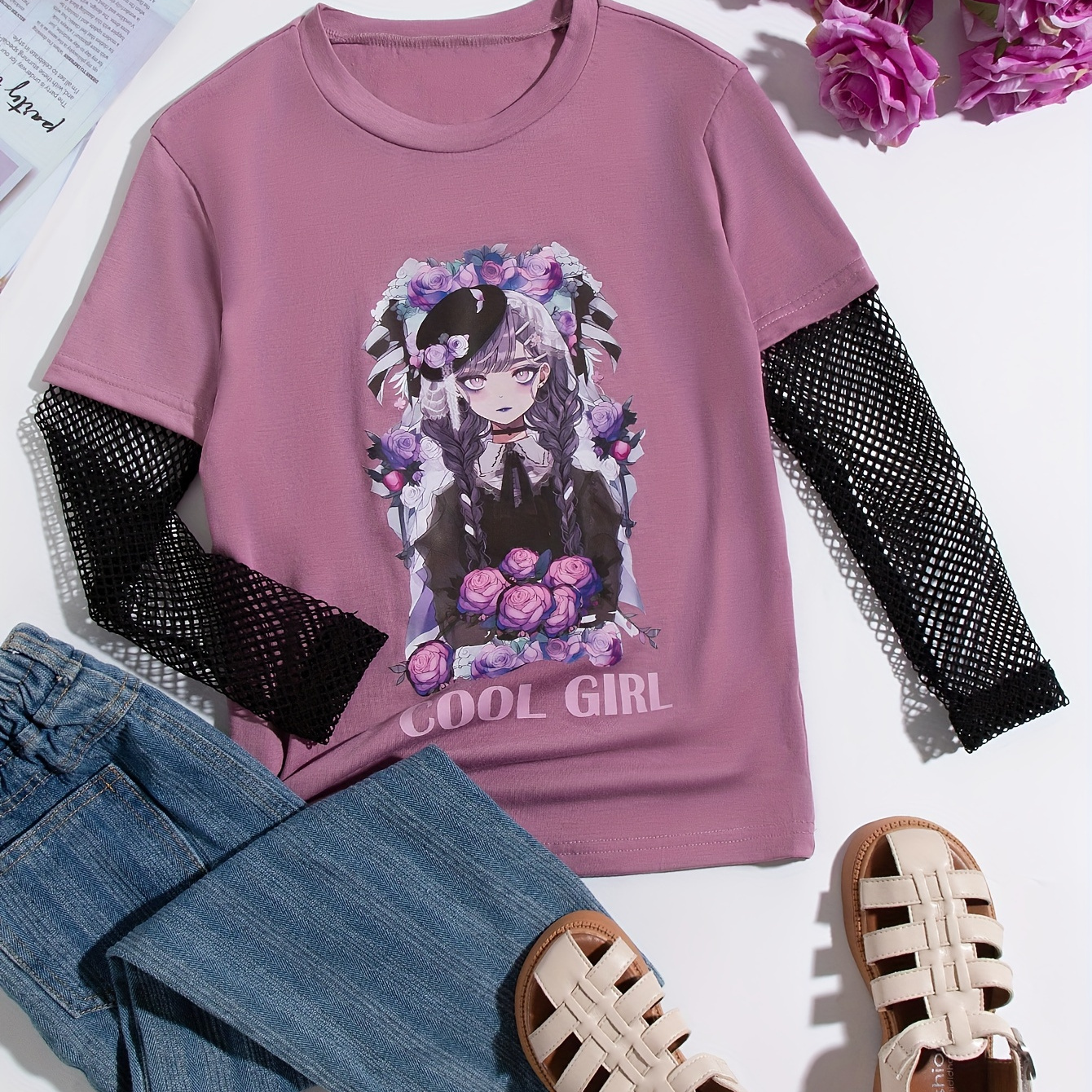 

Trendy Girls Splicing Mesh Long Sleeve T-shirt Anime Girl Graphic Pullover Tops For Spring Fall Gift