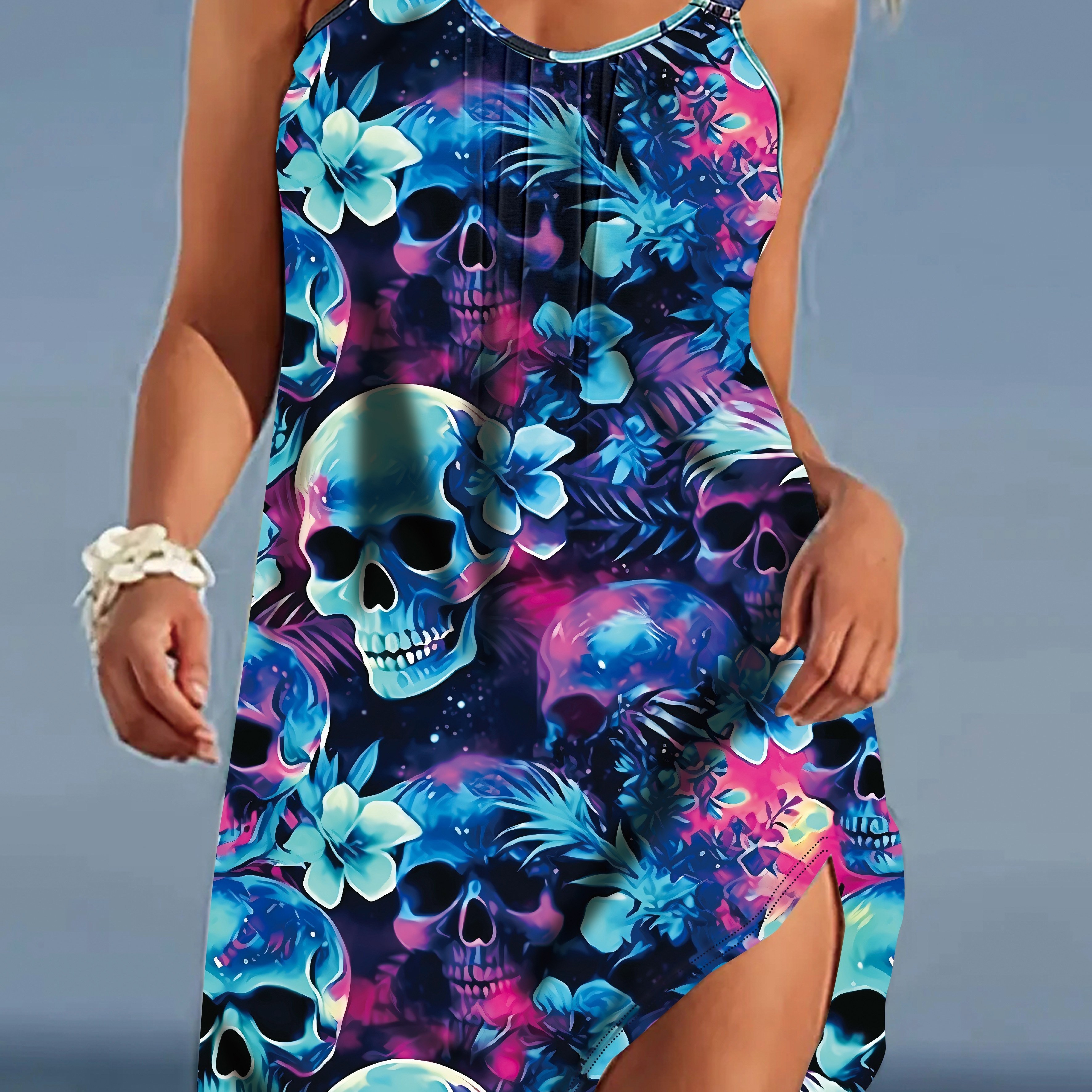 

Plus Size Skull & Floral Print Dress, Casual Sleeveless Strap Dress For Spring & Summer, Women's Plus Size clothing
