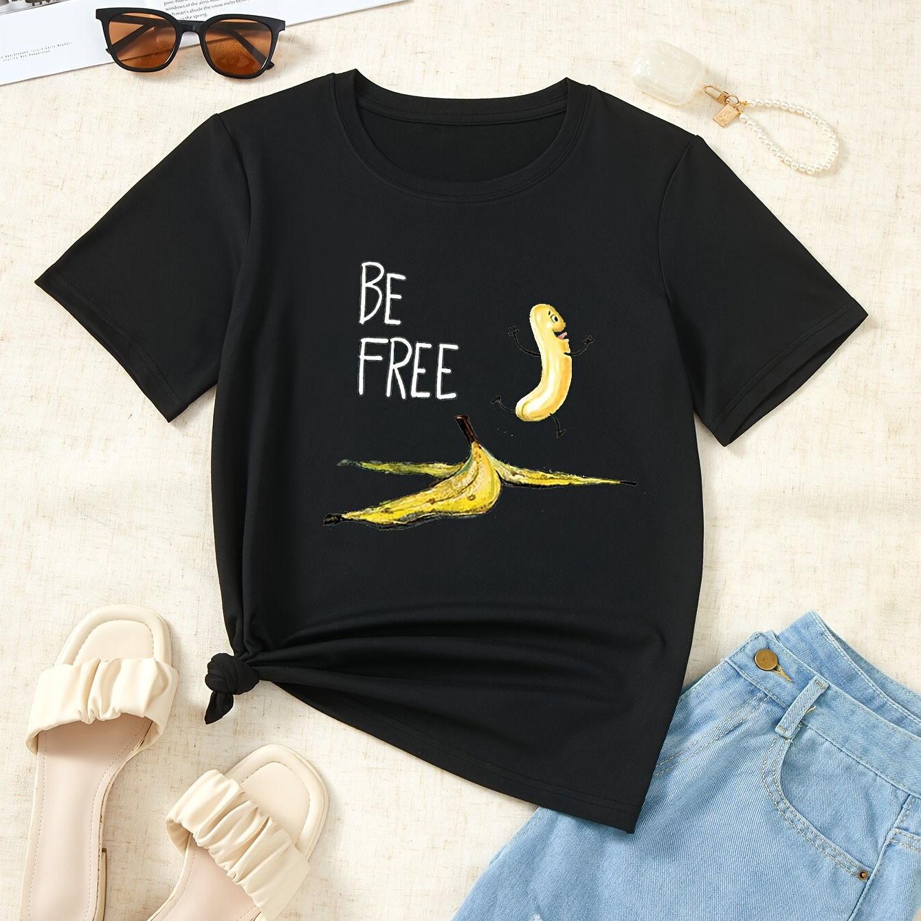 

T-shirt Imprimé Banane De Dessin Animé, Haut Décontracté À Manches Courtes Et Col Rond Pour Le Printemps Et L'été, Vêtements Pour Femmes