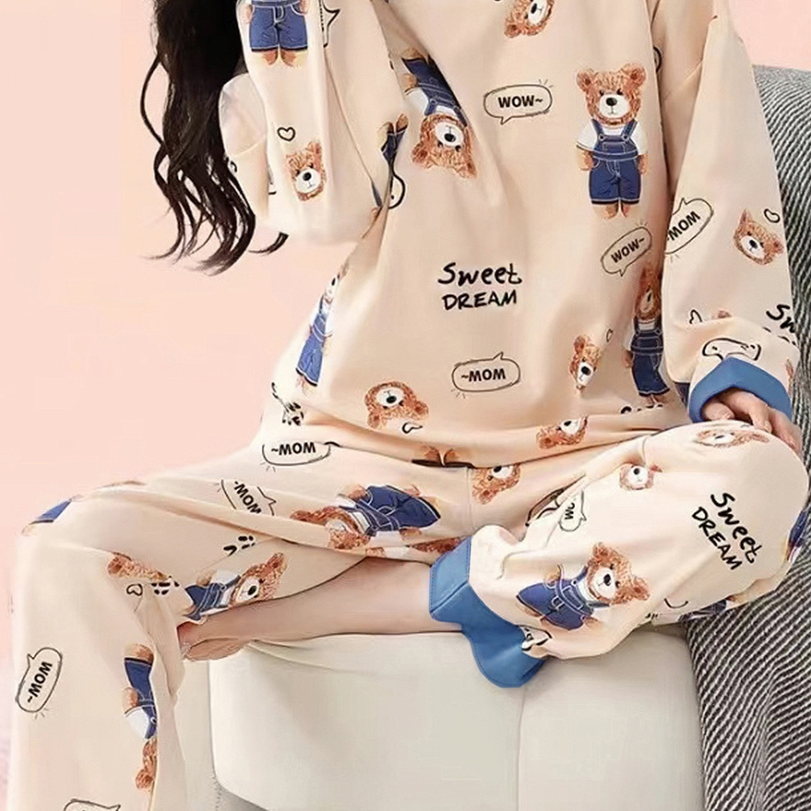

Women's Casual Cartoon Pajama Set, Polyester Crew Neck Long Sleeve Top And Long Pants, Sleepwear Set With Pullover Design
