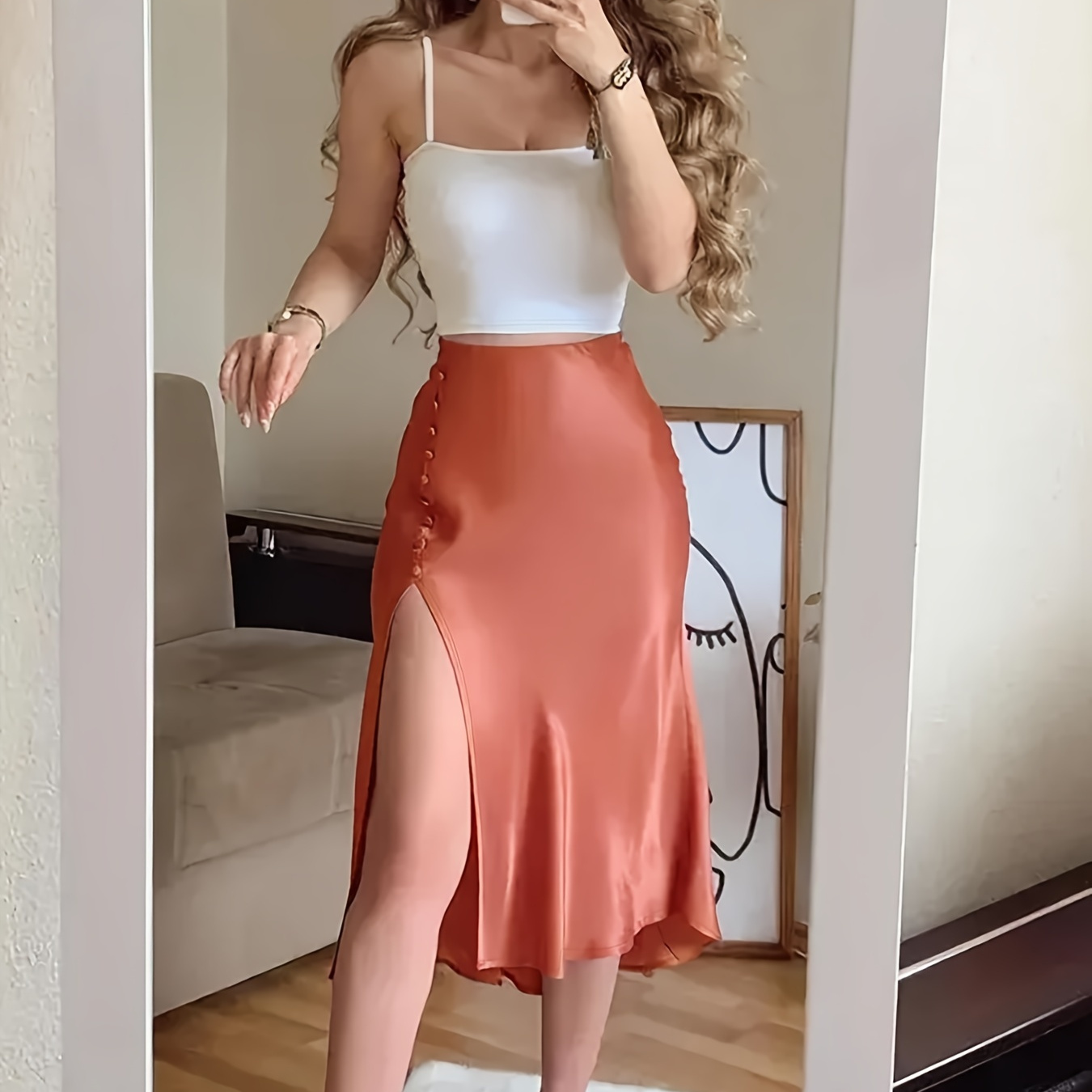 

Elegant Solid Color Slim Two-piece Skirt Set, Solid Color Spaghetti Strap Crop Cami Top & Split Thigh Button Zipper Back Skirt Outfits, Women's Clothing