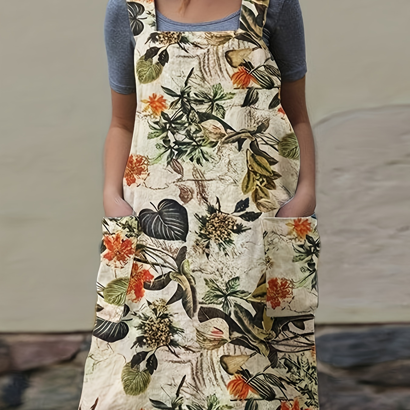 

Floral Print Wide Strap Dress, Casual Side Pockets Cross Backless Cami Apron Dress, Women's Clothing