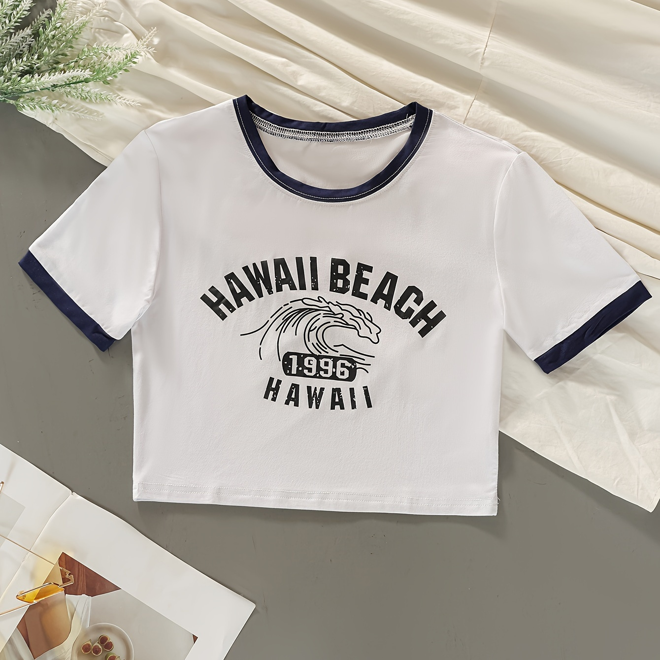 

Letter Print Contrast Trim Crop T-shirt, Y2k Short Sleeve T-shirt For Spring & Summer, Women's Clothing