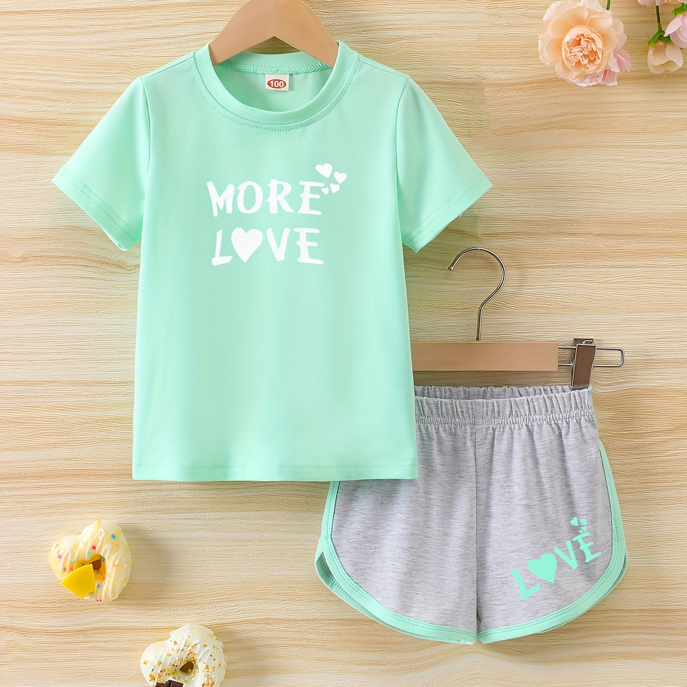 

More Love Print 2pcs Set Girls Short Sleeve T-shirt + Shorts Set Summer Outdoor