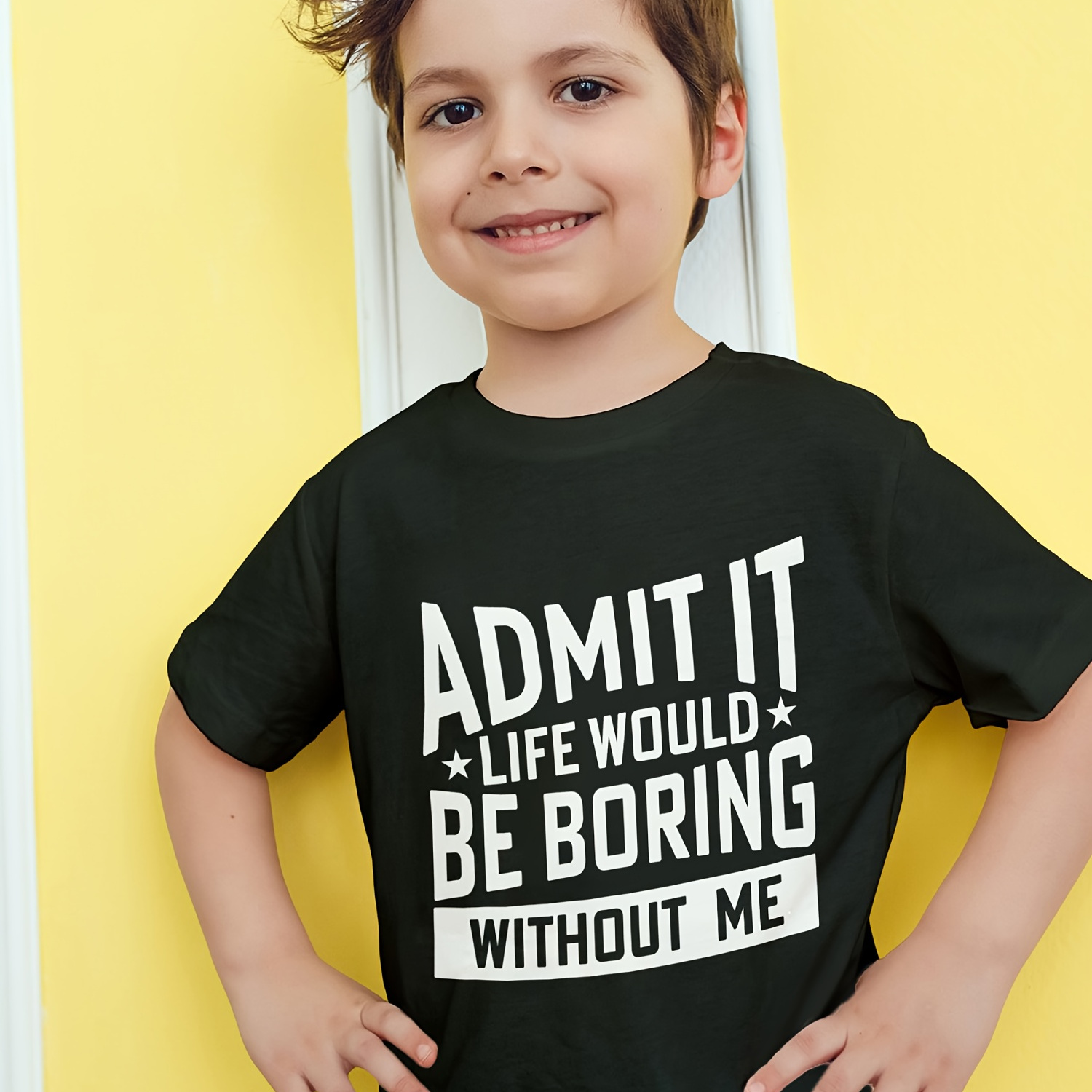 

Boys' Fun Graphic Tee - " It, Life Boring Without Me" Design, 100% Cotton, Soft & Comfortable Round Neck Short-sleeve T-shirt For Casual Summer Wear