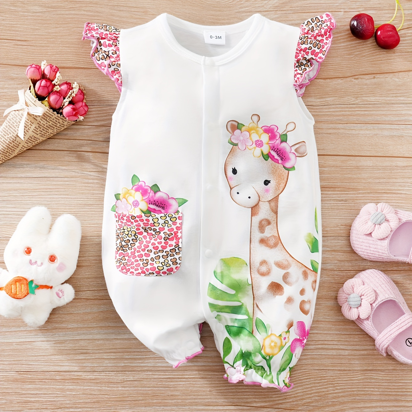 

Infant's Giraffe & Flower Print Bodysuit, Lovely Cap Sleeve Onesie, Baby Girl's Clothing