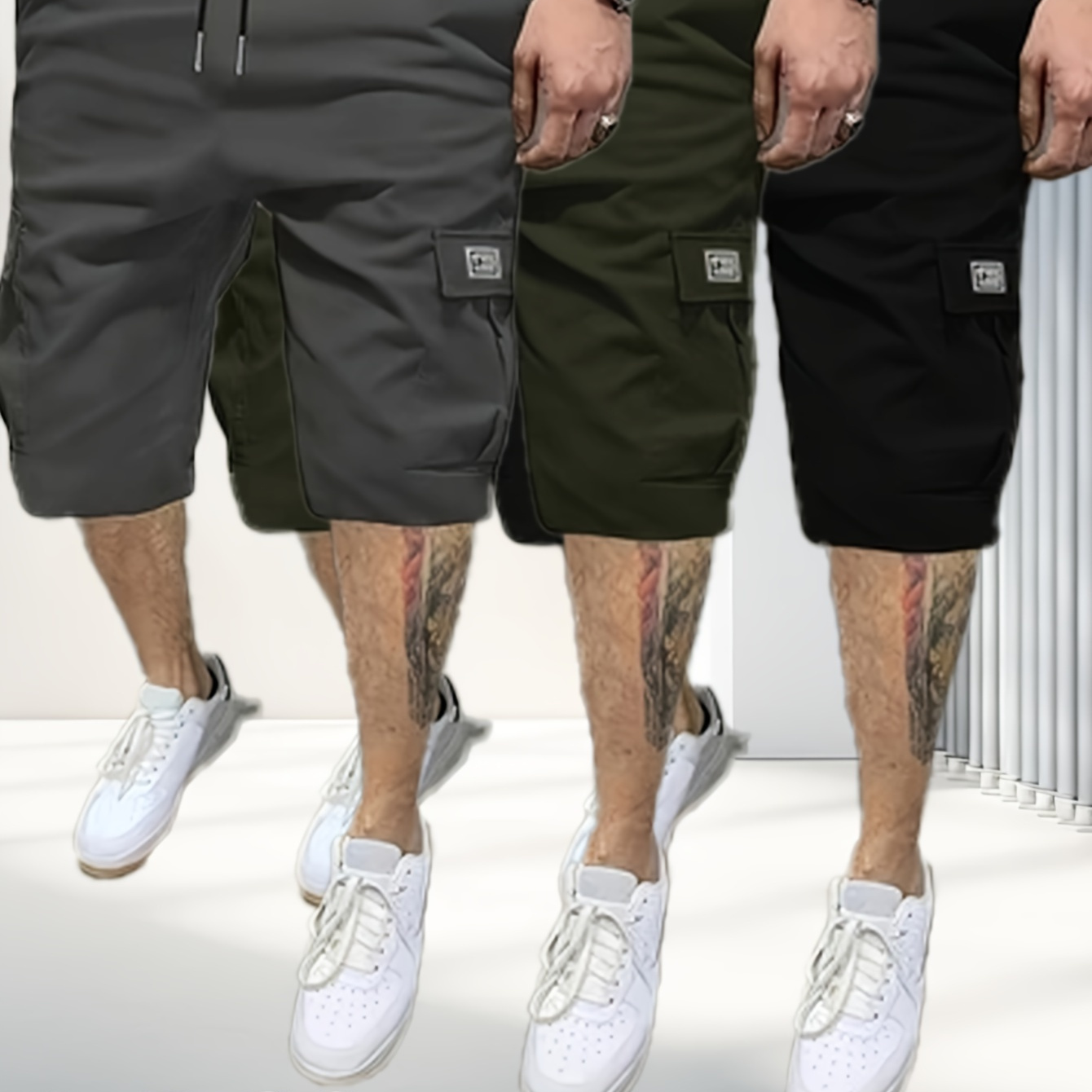 

3-pack Men's Summer Casual Cargo Shorts, 100% Polyester, Solid Color, Non-stretch Fabric, Woven, Regular Fit With Pockets, 390g/m² - Loose Straight Leg Sports Trousers