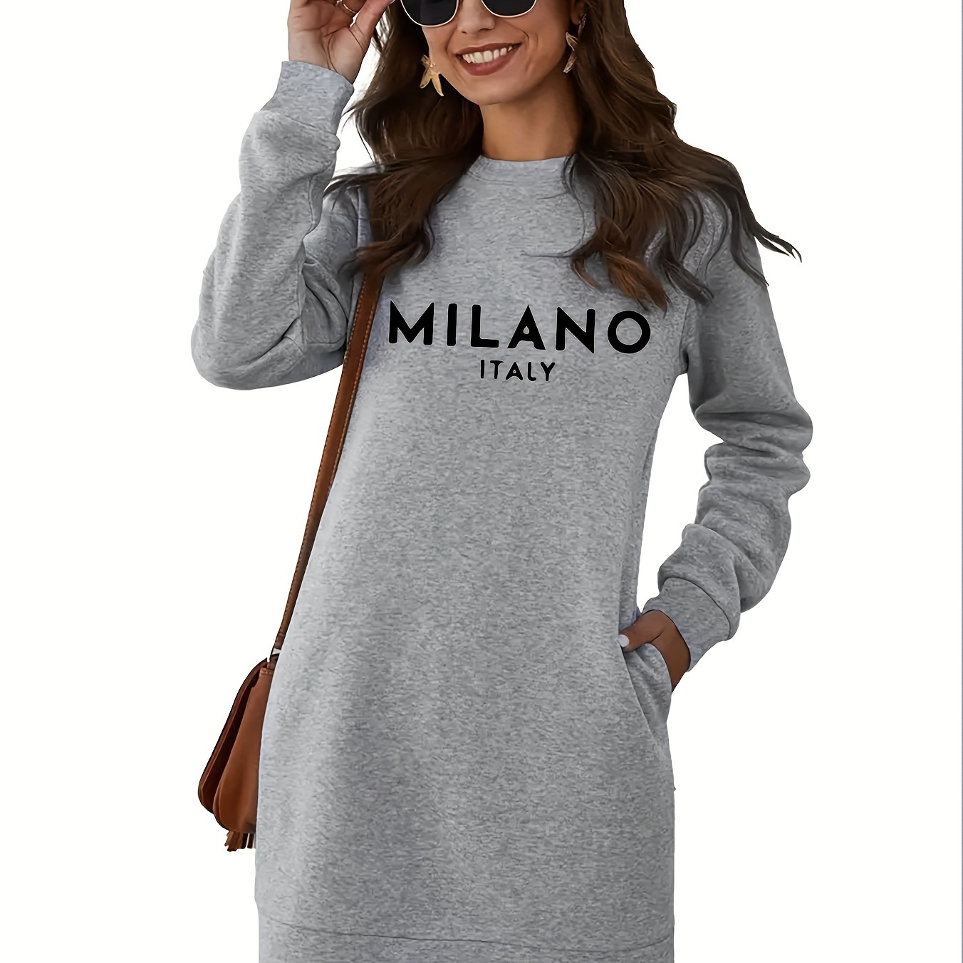 

Italy Letter Neck Long Sleeve Sweatshirt Dress - Casual Polyester 100% Knit Fabric With For Women - Fall/