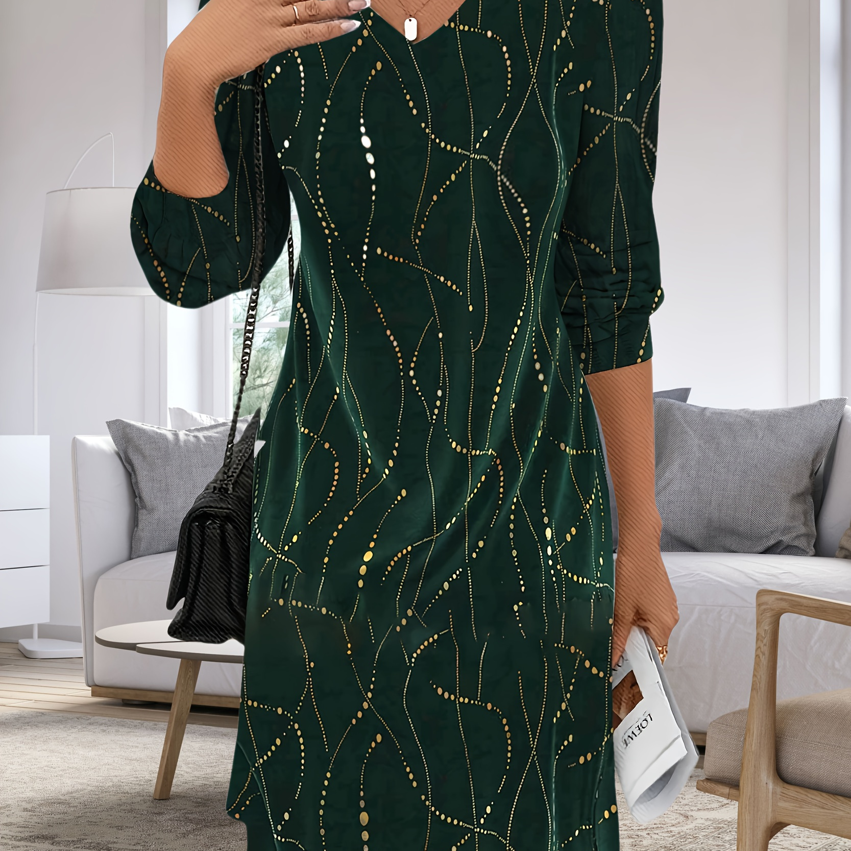 

Emerald Green Velvet Golden Streak Dress - V-neck Long Sleeve Mini Dress For Women, Stylish Fall/ Dress With Abstract Pattern, Machine Washable