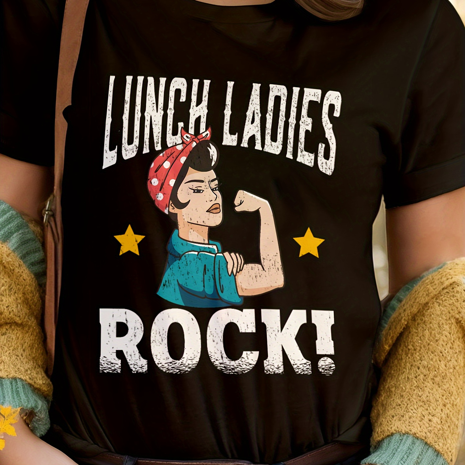 

Lunch Ladies Rock Print T-shirt, Casual Short Sleeve Crew Neck Comfortable Breathable Sporty T-shirt For Spring & Summer, Women's Clothing