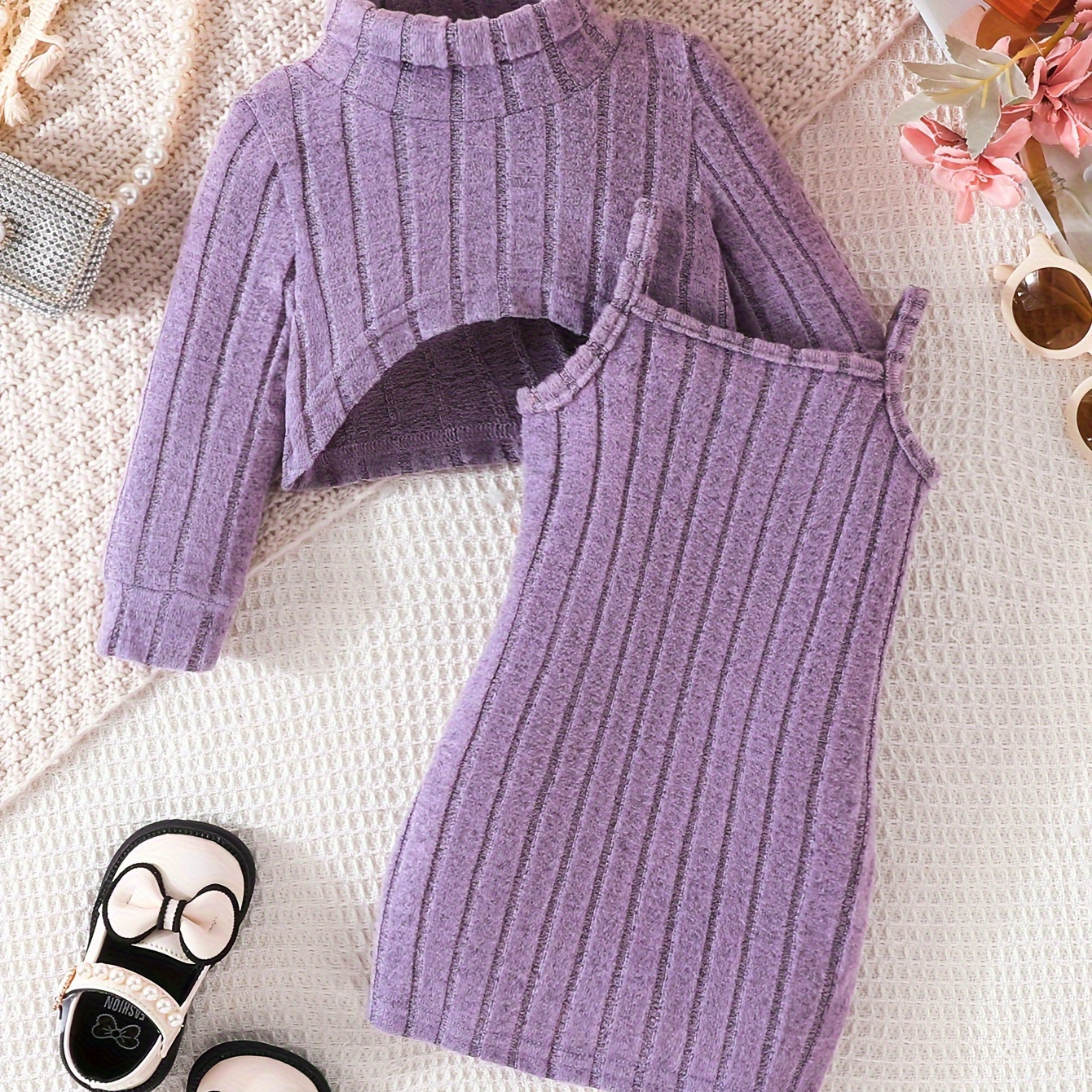 

Two-piece Set Infant Baby Girl Casual Fashion Cute Lady New Fashion Thin Solid Color Mid-neck Long-sleeved Short Top Suspender Skirt Combination Set