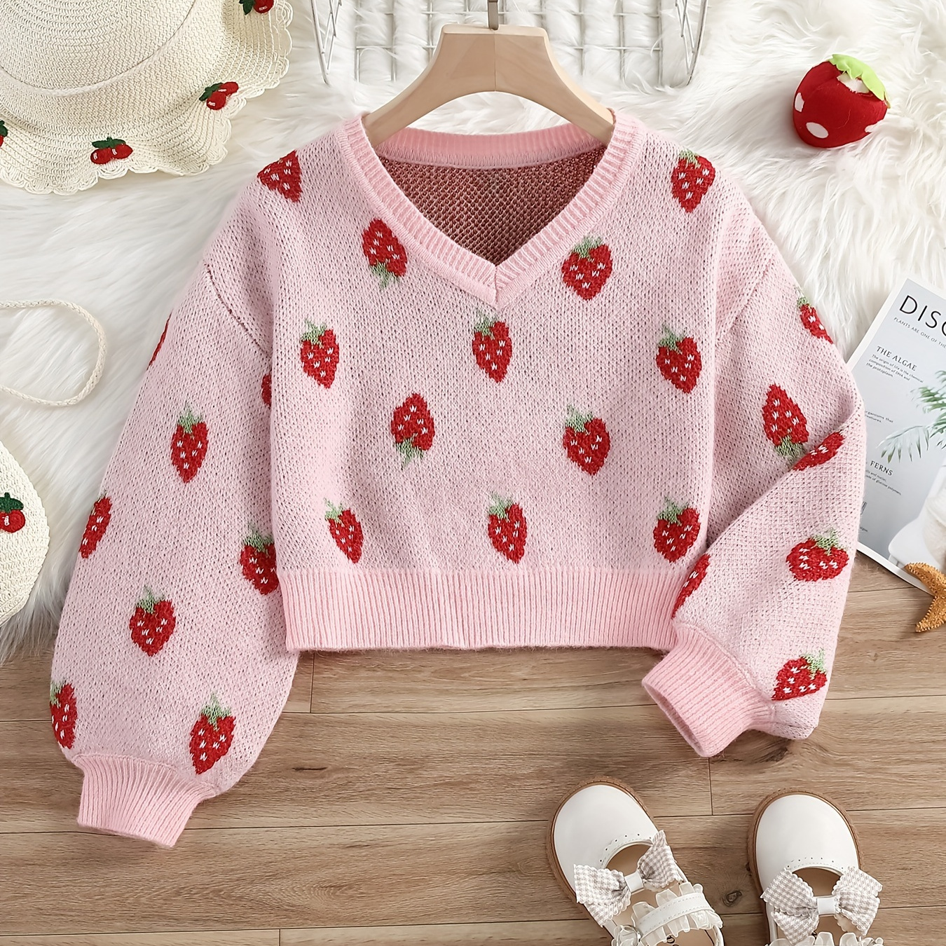 

Girls Pullover V-neck Cute Strawberry Jacquard Knit Long Sleeve Sweater