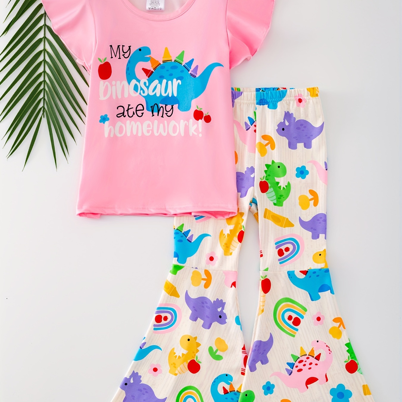 

2pcs, My Dinosaur Ate My Homework Print Frill Sleeve Crew Neck T-shirt +cartoon Animals And Flower Pattern Flare Pants Set For Girls, Comfy And Trendy Summer Gift