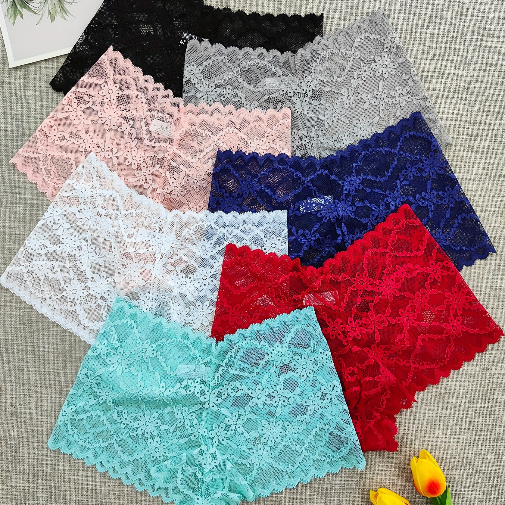 

7pcs Floral Lace Boyshorts, Sexy Comfy Breathable Stretchy Intimates Panties, Women's Lingerie & Underwear