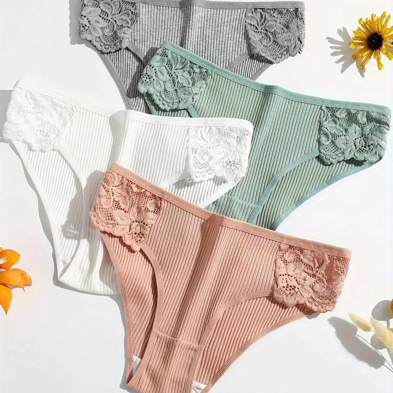 

4pcs Solid Floral Lace Ribbed Briefs, Elegant Comfy Breathable Stretchy Intimates Panties, Women's Lingerie & Underwear