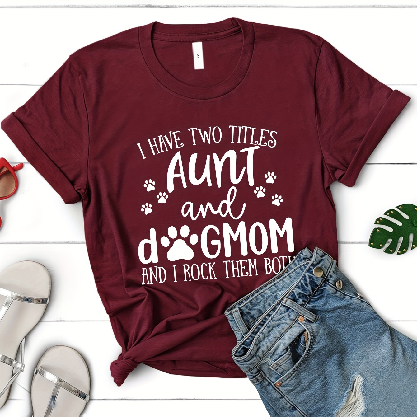 

Aunt And Dog Mom T-shirt, Short Sleeve Crew Neck Casual Top For Summer & Spring, Women's Clothing