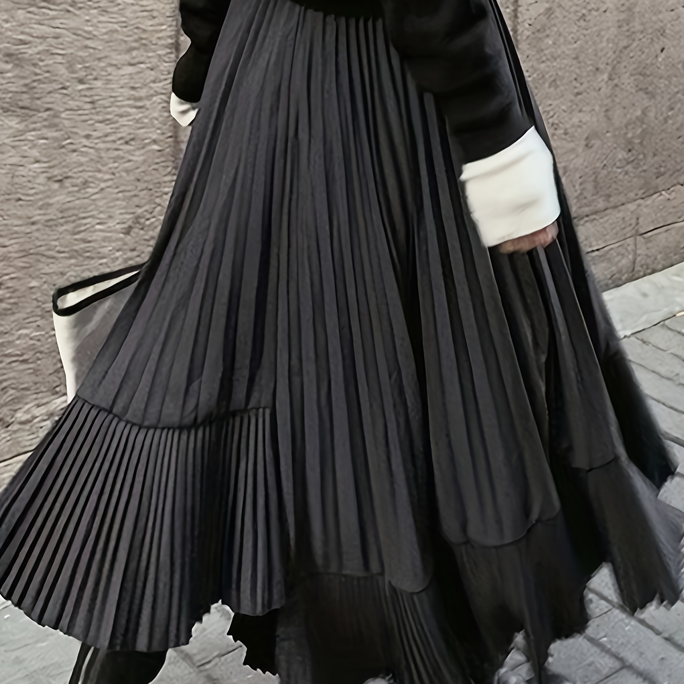 

Elegant Black Pleated Midi Skirt For Women - Chic High-waisted Design With Flowy Ruffle Hem, 100% Polyester, Machine Washable - All