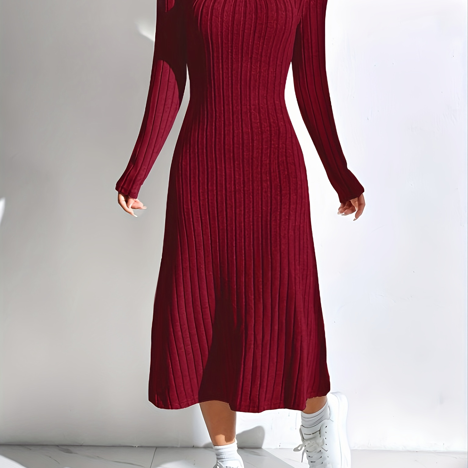 

Ribbed Neck Dress, Elegant Long Sleeve Dress For Spring & Fall, Women's Clothing