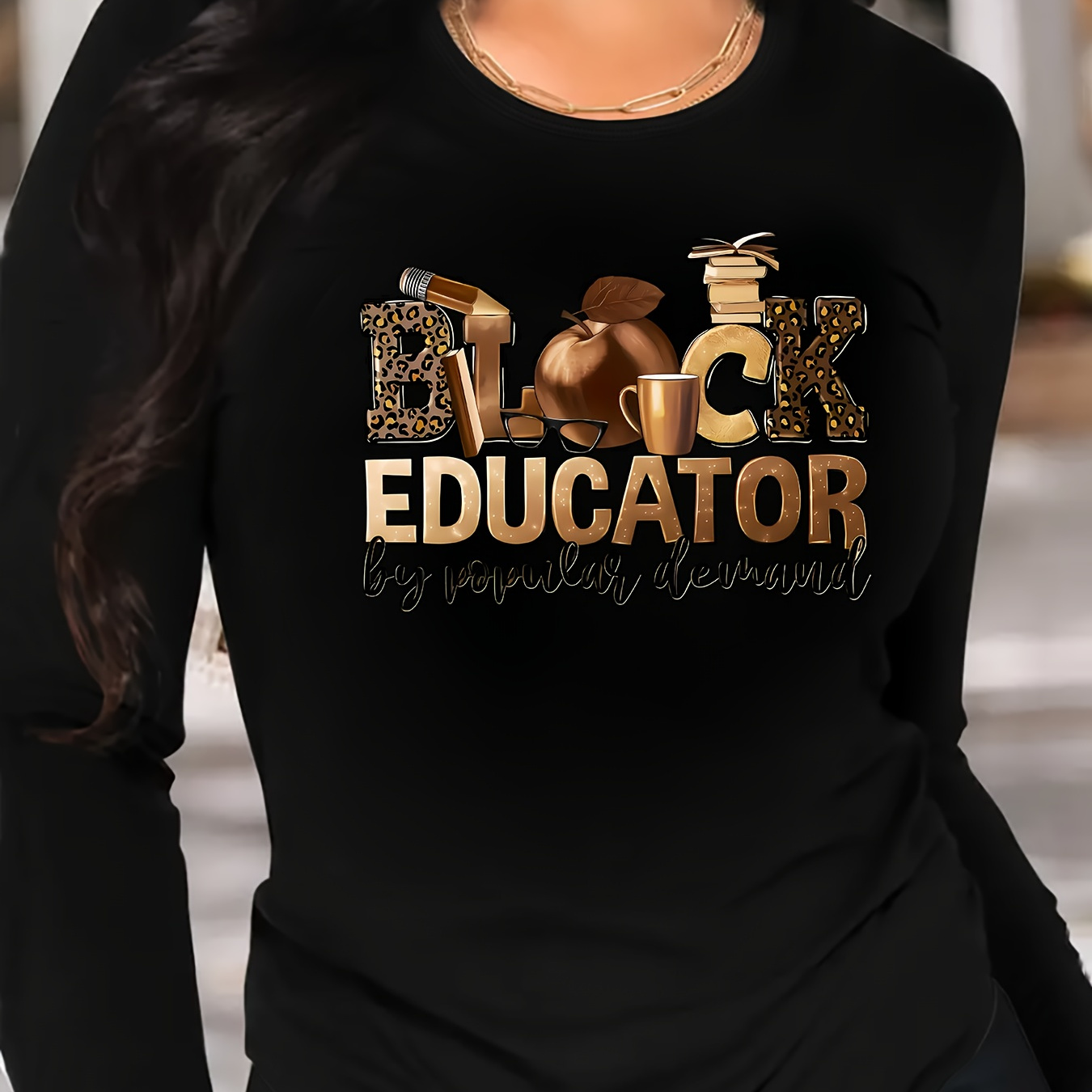 

Educator" Long Sleeve T-shirt For Women - Casual Fit, 100% Polyester, Machine Washable, Round Neck - Stylish Black With Golden & White Lettering, Educators