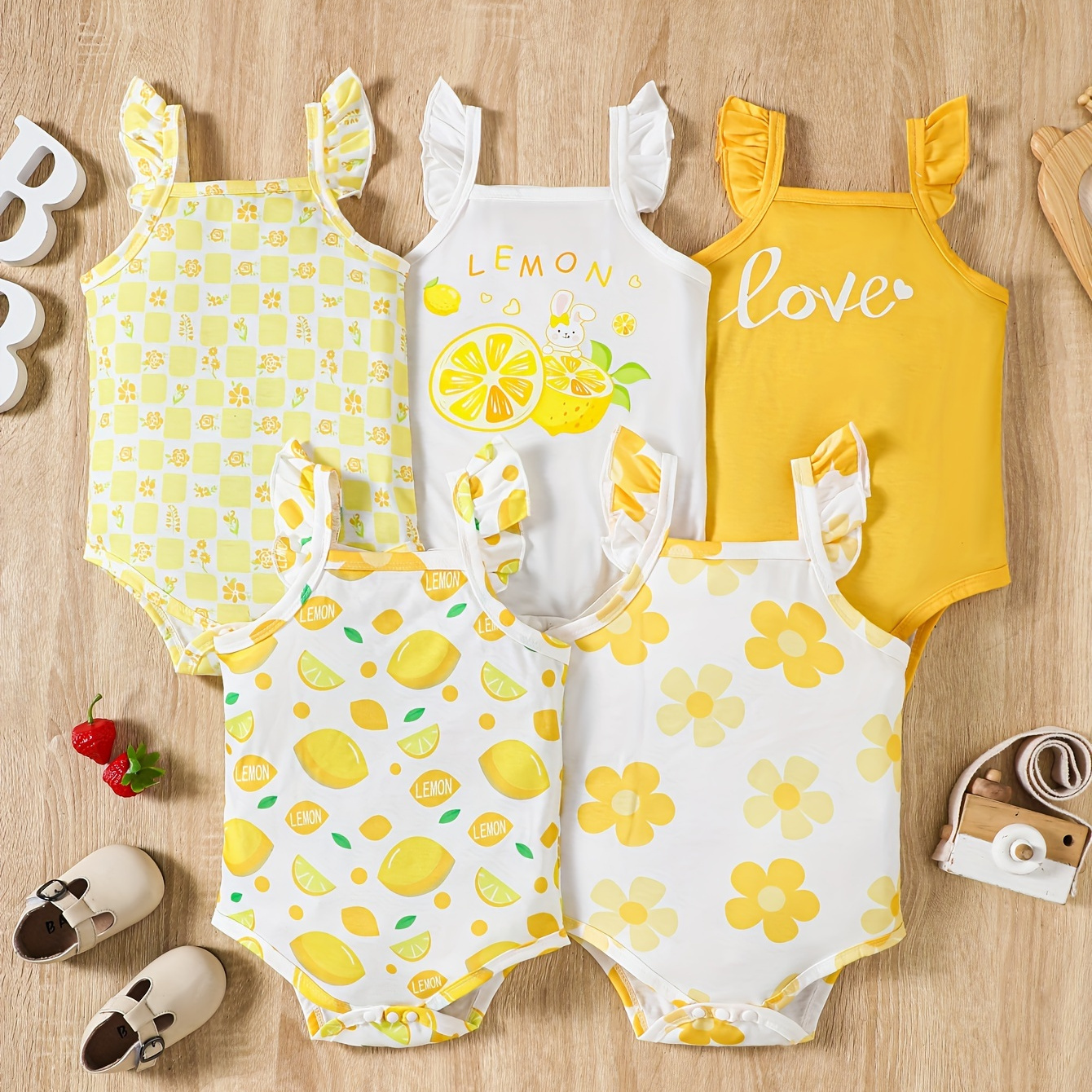 

5pcs Baby's Fruit Themed Pattern Triangle Bodysuit, Casual Sleeveless Romper, Toddler & Infant Girl's Onesie For Summer, As Gift