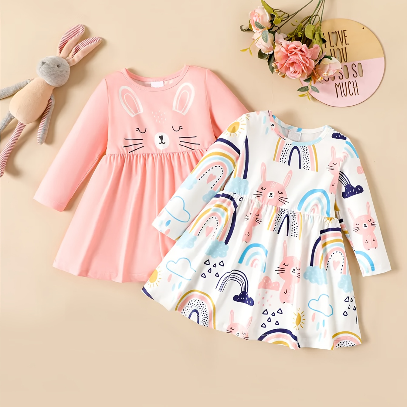 

European And American Style Baby Girl 2pcs Cute Rabbit Full Print Dress + Solid Color Rabbit Print Dress Set